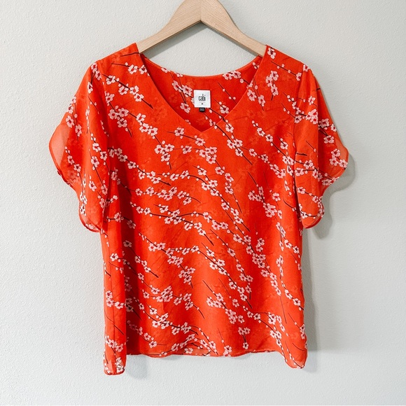 Cabi Orange & White Floral V Neck Lightweight Flowy Short Sleeve Blouse Medium - Picture 2 of 14
